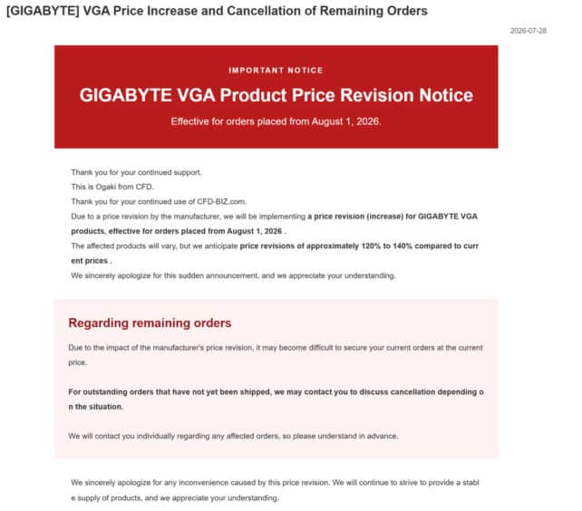 Gigabyte augmente ses prix de GPU jusqu'à 40% au Japon