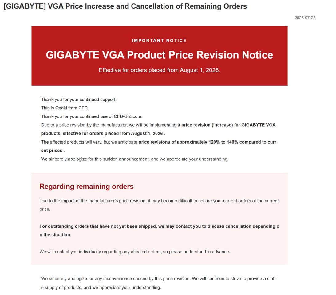 Gigabyte augmente ses prix de GPU jusqu'à 40% au Japon