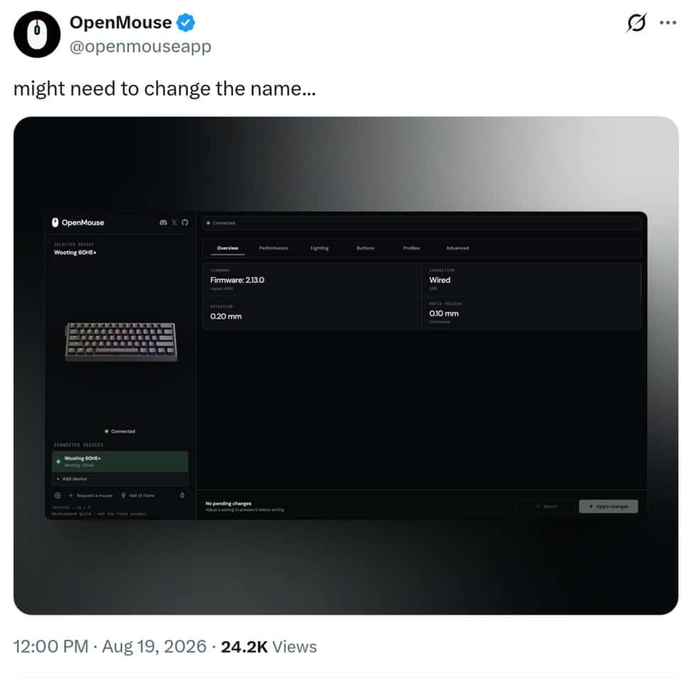 OpenMouse prépare la prise en charge du clavier Wooting 60HE+
