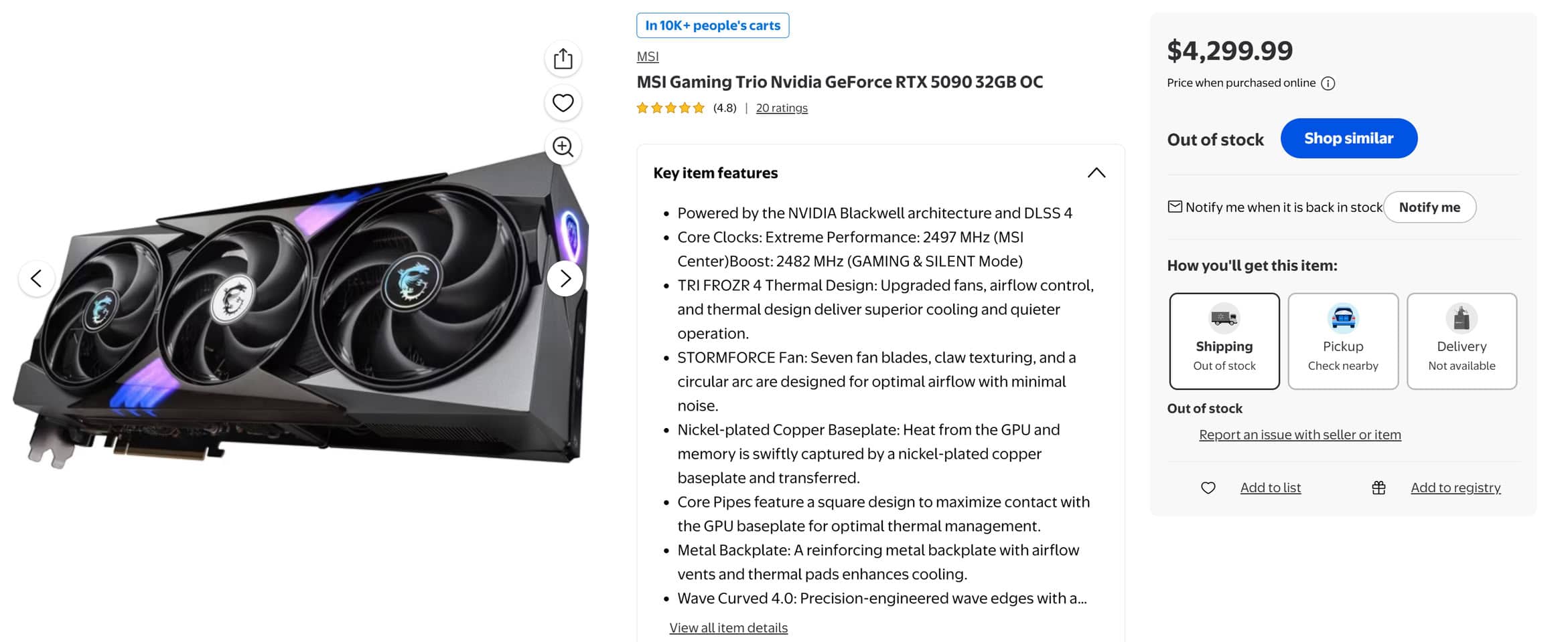 RTX 5090 : une MSI à 4 299 dollars s'arrache chez Walmart